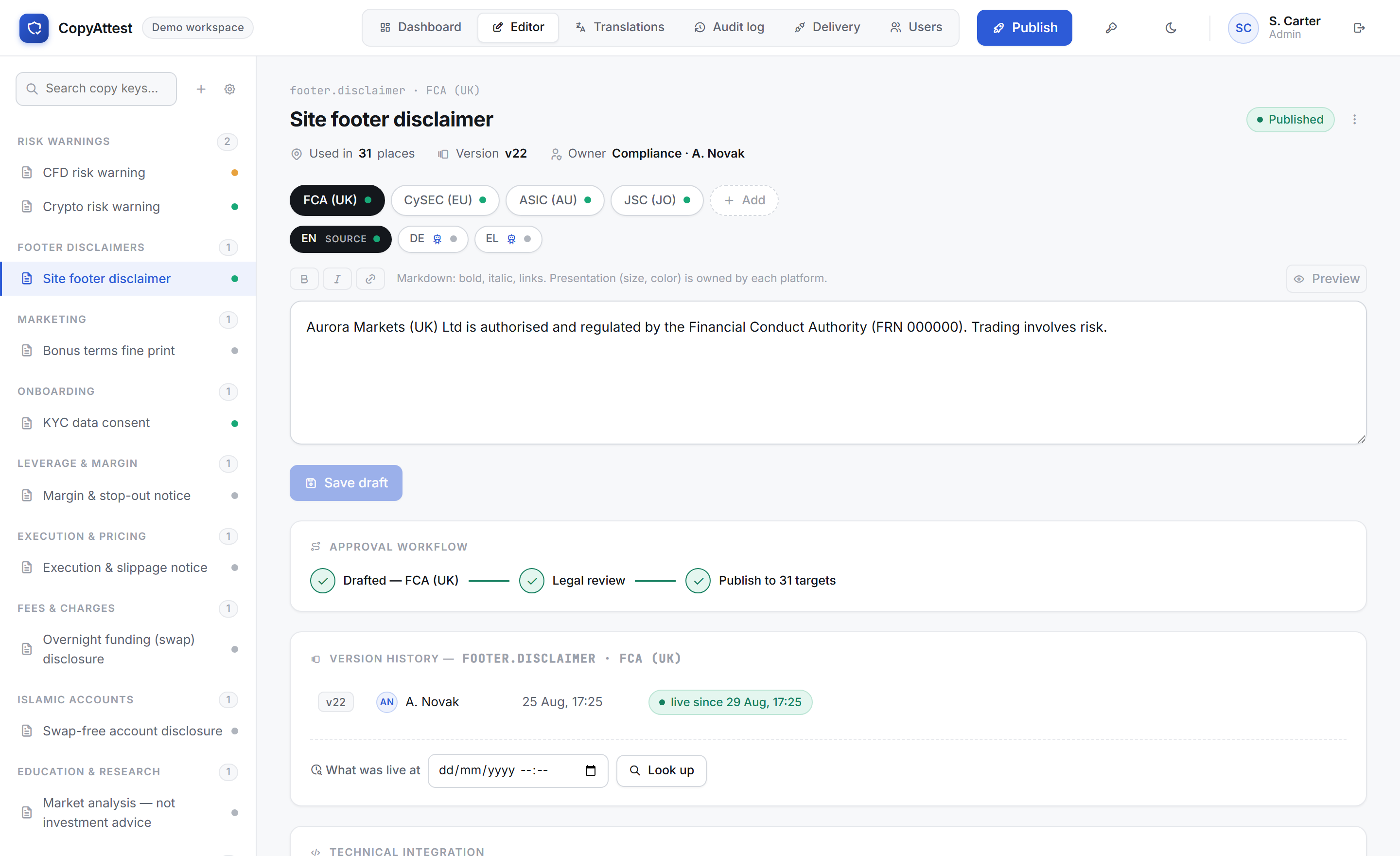 CopyAttest editor: versioned copy, review workflow, history and point-in-time lookup