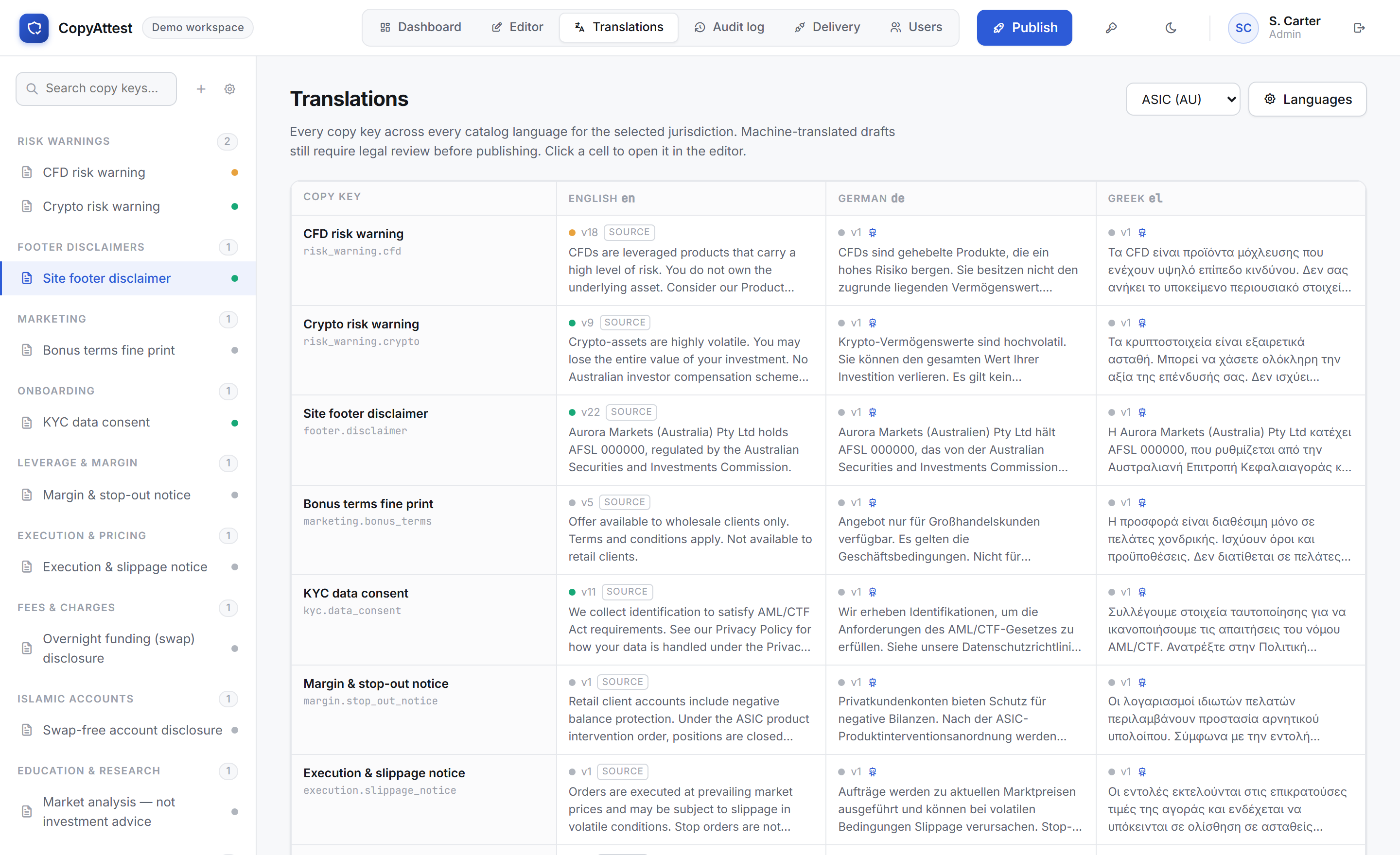 CopyAttest translations matrix: every copy key across English, German and Greek with review states